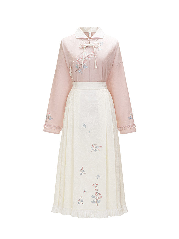 Ming Dynasty Lapel Tencel Short Shirt and Elastic Mamian Skirt - Fish Peony 鱼儿牡丹 (Preorder)