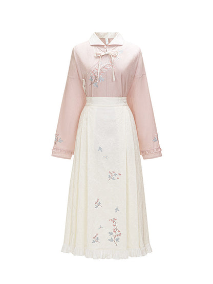 Ming Dynasty Lapel Tencel Short Shirt and Elastic Mamian Skirt - Fish Peony 鱼儿牡丹 (Preorder)