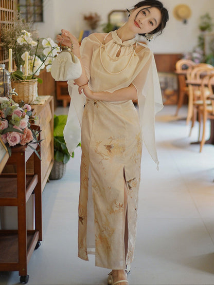 Halter Neck Long Cheongsam with Shawl | Jinzhu