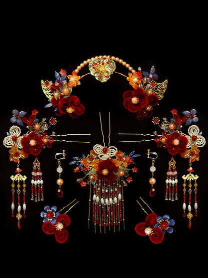 Red Velvet Bridal Hairband with Tassel Hairpin Classical Chinese Wedding Accessories for Xiuhe and Hanfu Updos