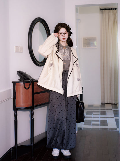 Tang Dynasty Modern Hanfu Round Collar Cardigan Linen Blend Top and Bloomers - Ink Like 似墨
