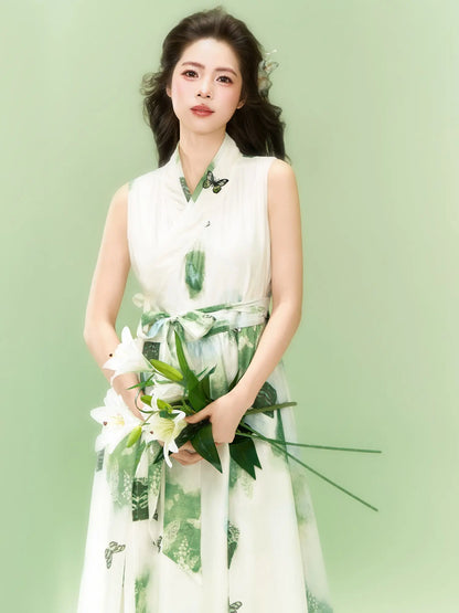 Modern Hanfu Embroidered Top & Dress Two-Piece Set 釉下春