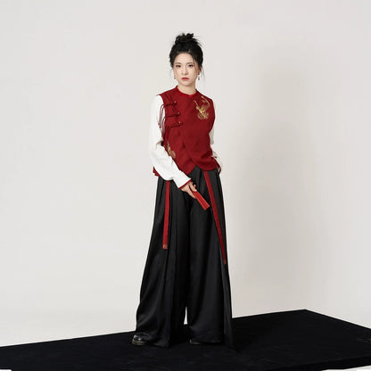 New Chinese Style Women Gold Thread Embroidered Vest, Top & Wide Leg Pants - Firefinch 火雀 (Preorder)