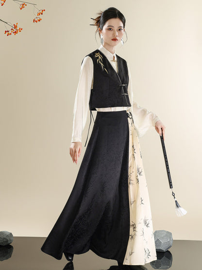 Ink Bamboo Embroidered New Chinese Style Vest & Contrast Long Skirt Set