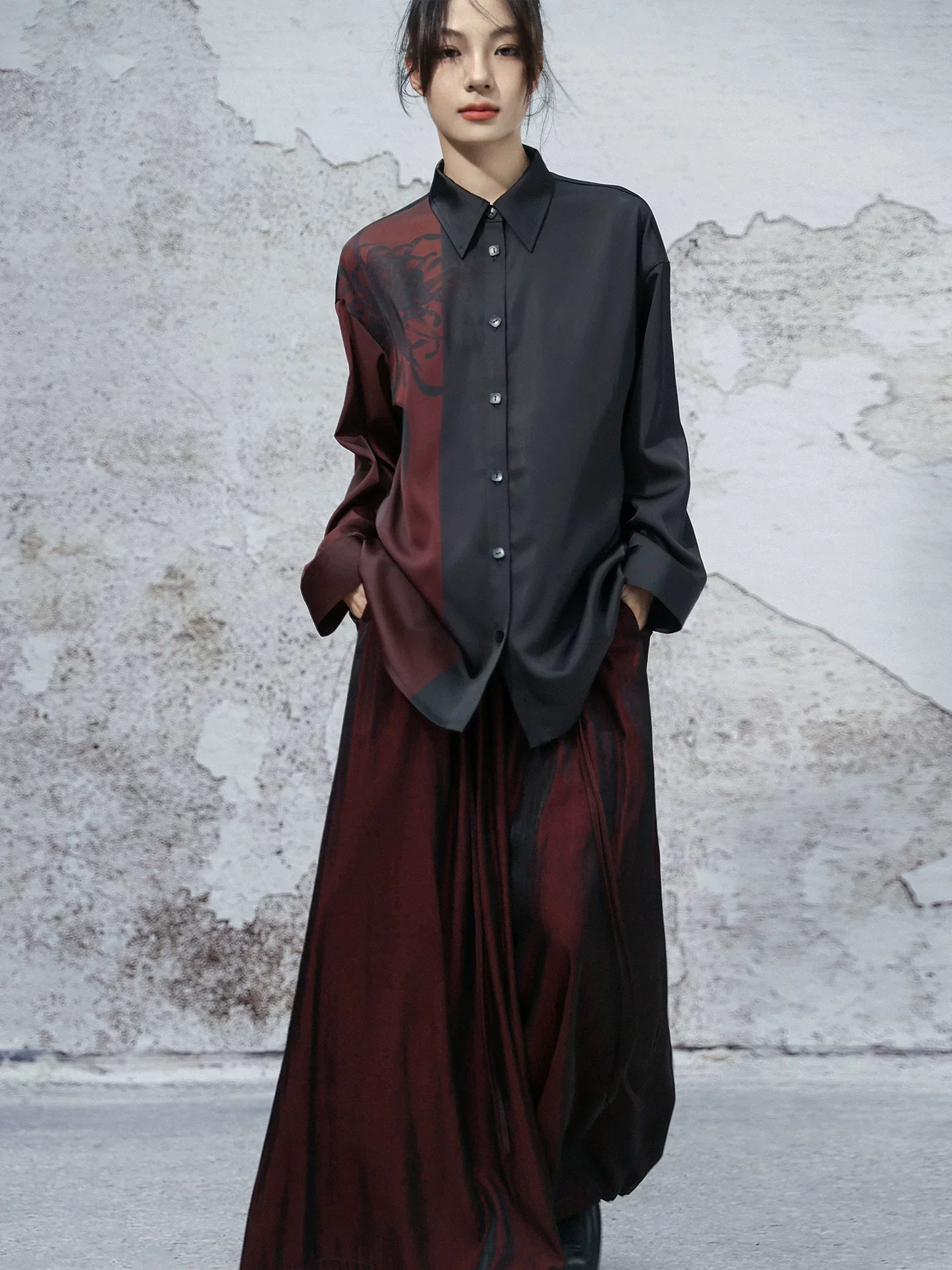 New Chinese Style Dark Satin Black and Red Chrysanthemum Printed Long Sleeve Top - Nine Autumn Guest 九秋客