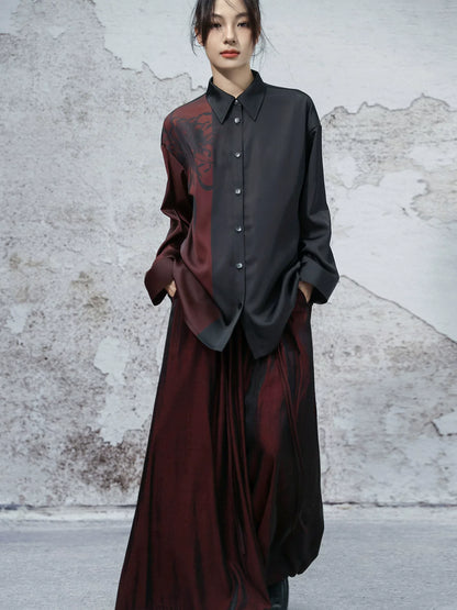 New Chinese Style Dark Satin Black and Red Chrysanthemum Printed Long Sleeve Top - Nine Autumn Guest 九秋客