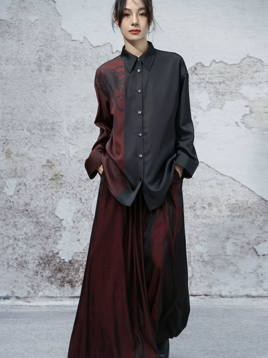 New Chinese Style Dark Satin Black and Red Chrysanthemum Printed Long Sleeve Top - Nine Autumn Guest 九秋客