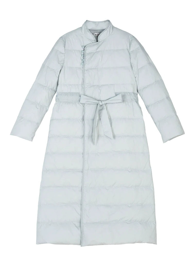 Snowy Dreams 雪中梦 - Long Vintage Chinese Style Down Coat for Women Over-Knee Length, Thickened Winter Tang Suit and Qipao Outerwear