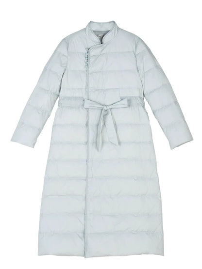 Snowy Dreams 雪中梦 - Long Vintage Chinese Style Down Coat for Women Over-Knee Length, Thickened Winter Tang Suit and Qipao Outerwear
