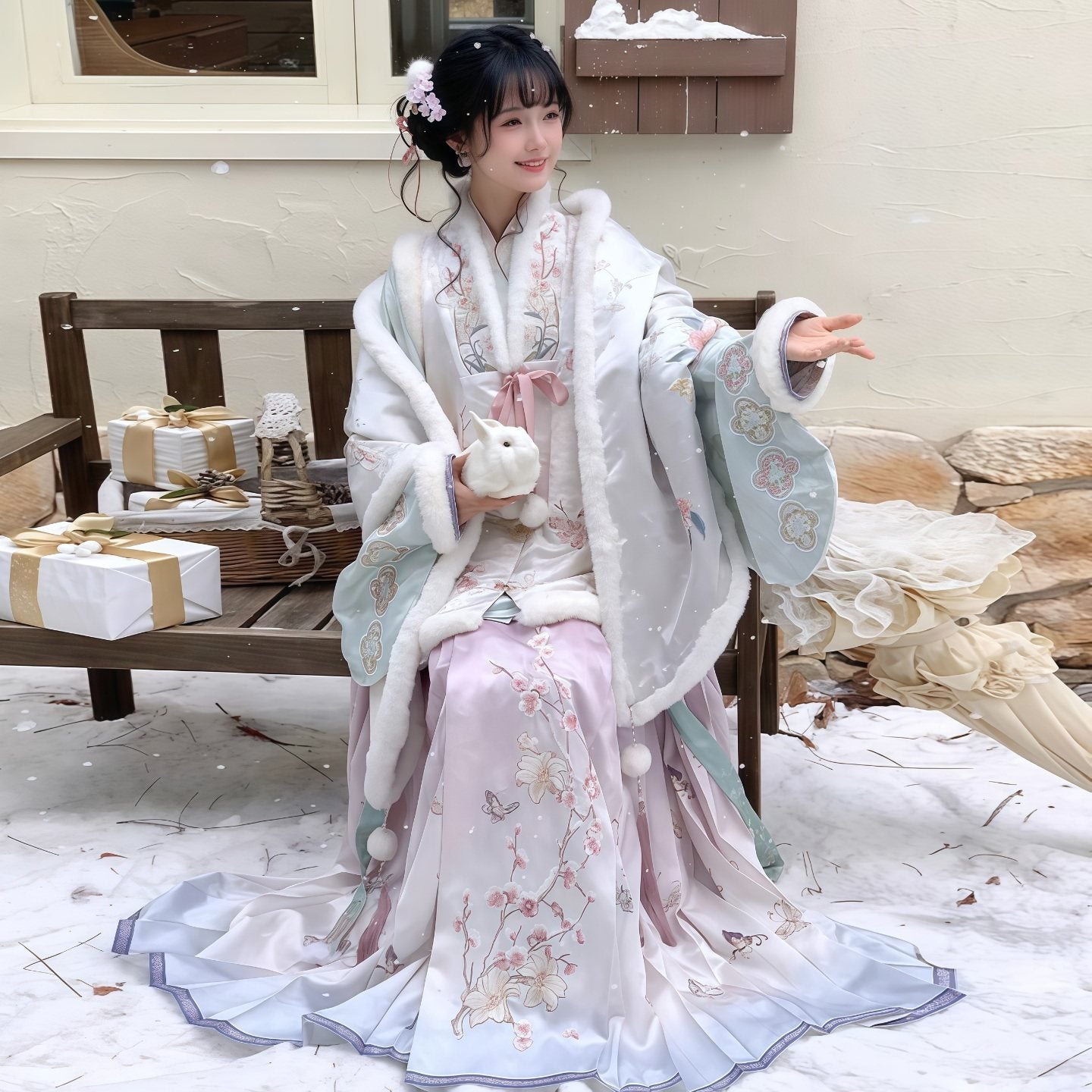 Ming Dynasty Bijia Pipa Sleeve Top & Mamian Skirt for Winter | Plum Blossom Date 赏梅有约