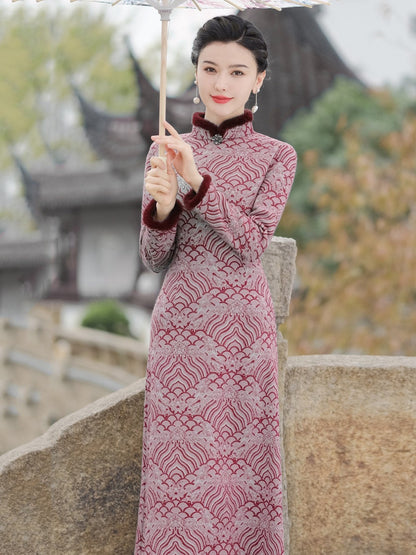 Long Sleeve Fur Trim Oriental Clouds Qipao | Winter Windows