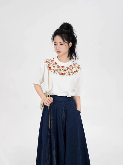 New Chinese Style Dunhuang Inspired Embroidered Cotton T-Shirt and Skirt Set - Huarongrong 花蓉蓉 (Preorder)