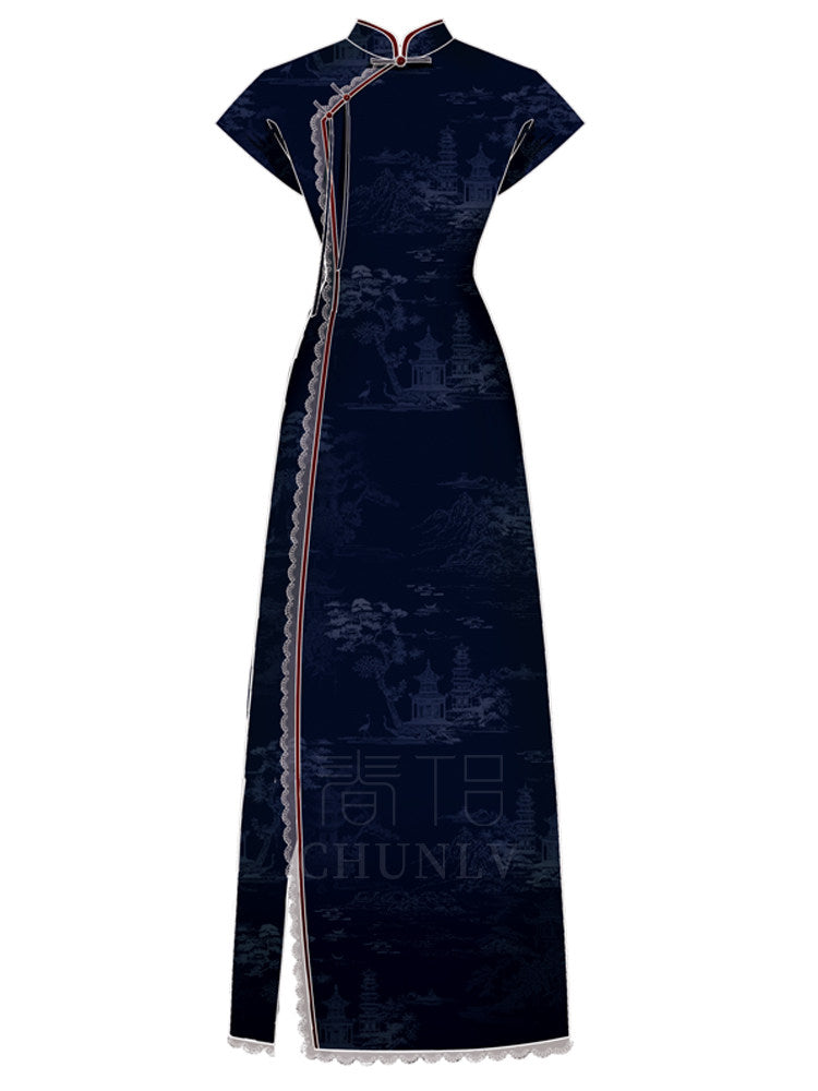 Short Sleeve Floral Long Cheongsam | Hengqing