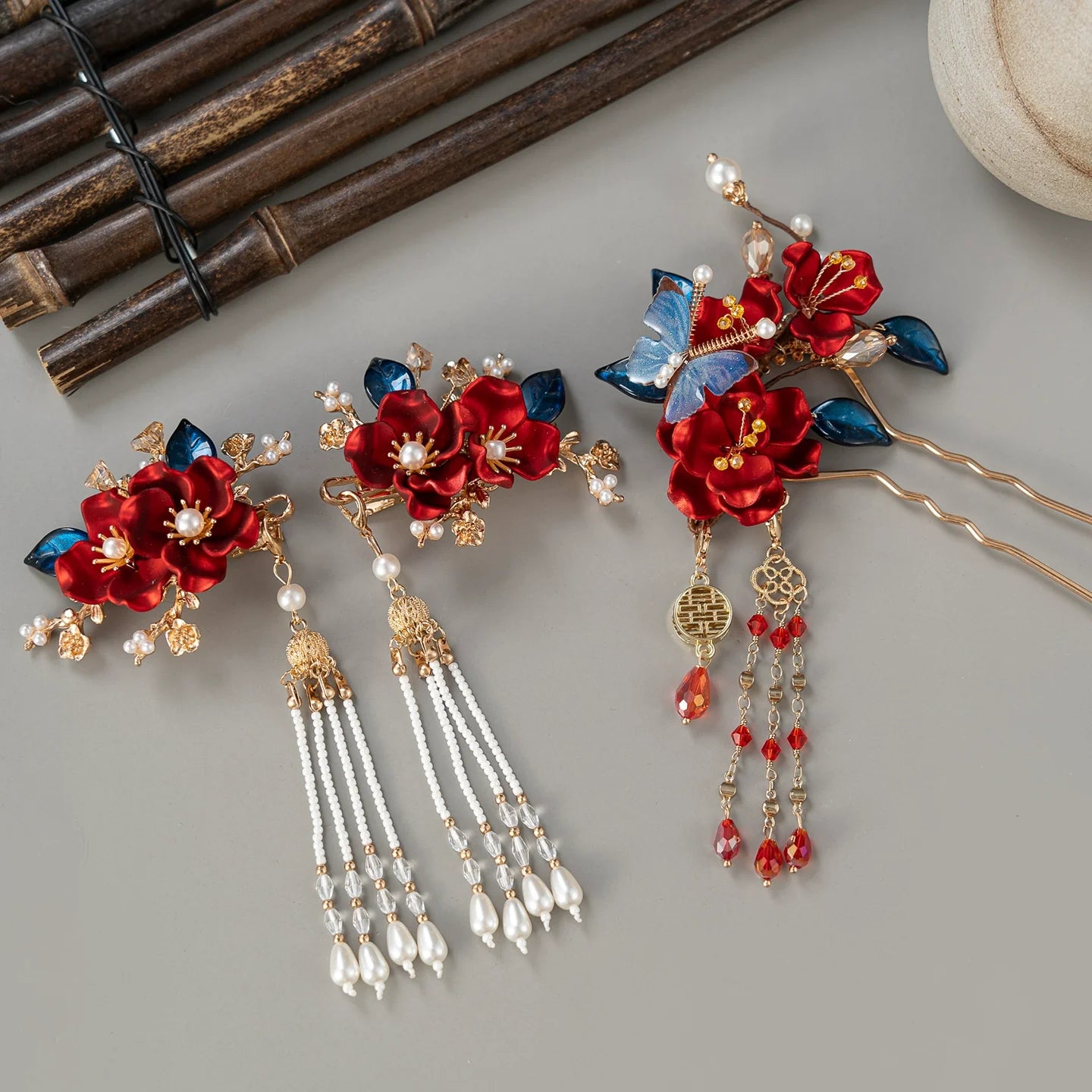 Xiuhe Bridal Hair Accessories - Red Flowers & Blue Leaves Hanfu Wedding Hairpin Set