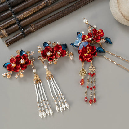 Xiuhe Bridal Hair Accessories - Red Flowers & Blue Leaves Hanfu Wedding Hairpin Set