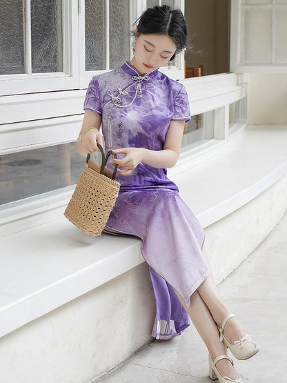Short Sleeve Floral Long Cheongsam | Yanran