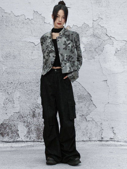 New Chinese Style Denim Printed Short Jacket