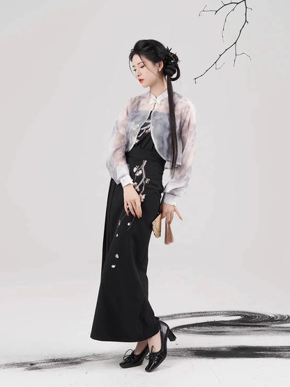 Song Dynasty Modern Hanfu Set with Spiral Skirt - Night Plum Window 暗梅窗夜 (Preorder)