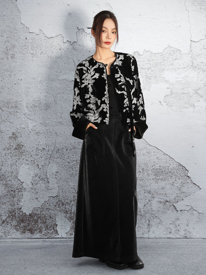 New Chinese Style Contrast Embroidered Velvet Short Jacket
