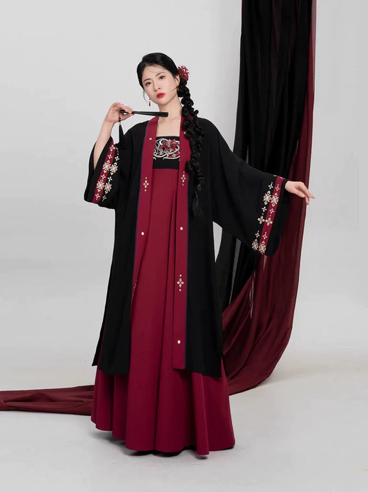 Tang Dynasty Modern Hanfu Set Changgan Temple Beizi and Slip Dress - Crimson Scarlet 绛百合 (Preorder)