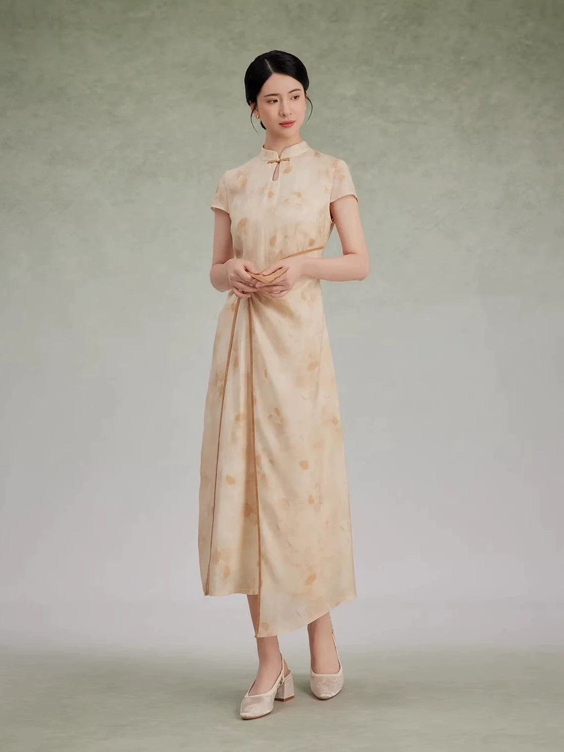 New Chinese Style Short Sleeve Asymmetrical Qipao Maxi Dress - Wantingzhou 琬亭洲 (Preorder)