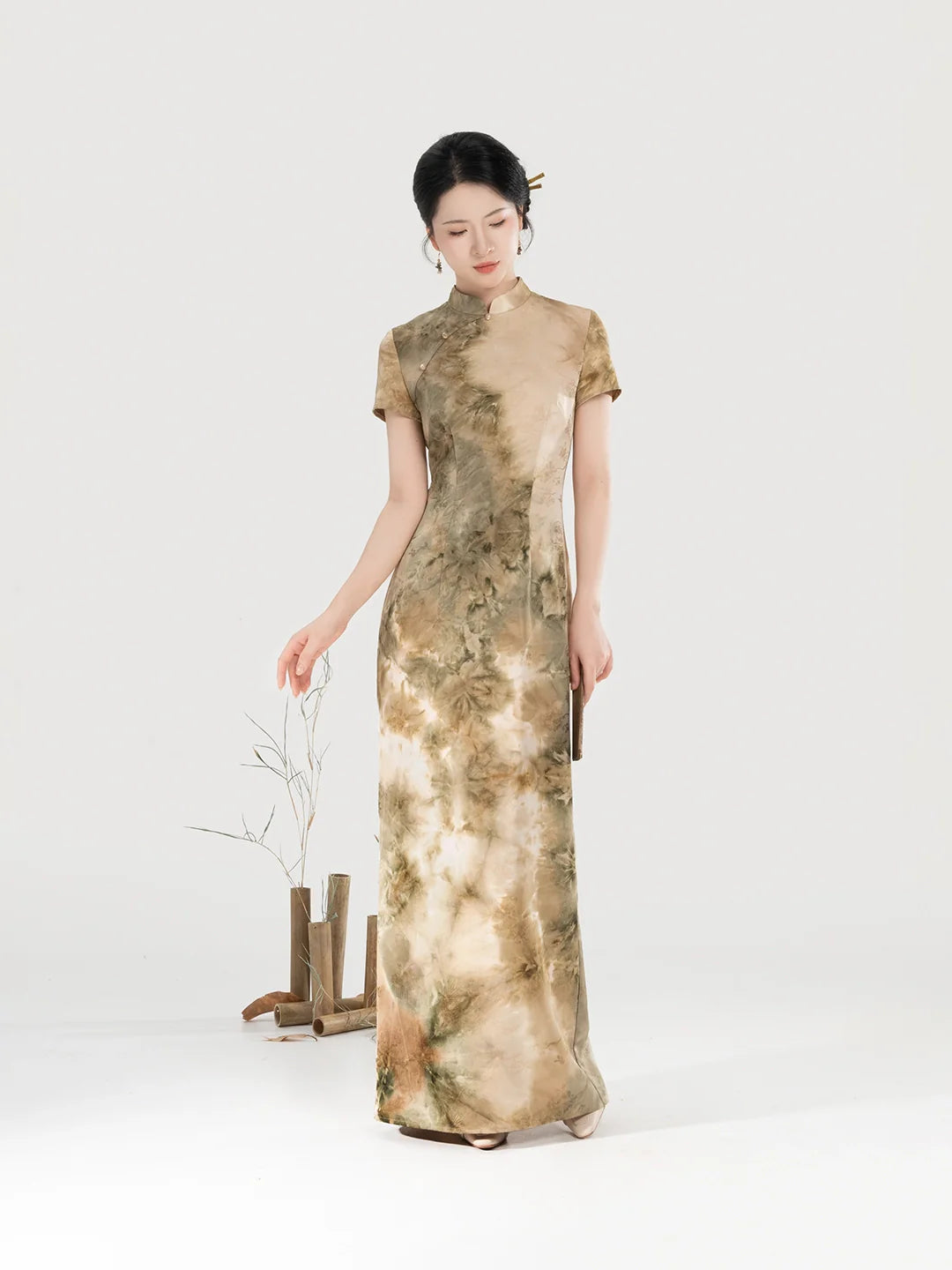 New Chinese Style Short Sleeve Qipao Jacquard Tie-Dye Summer Dress - Misty Green Hills 青山雾 (Preorder)