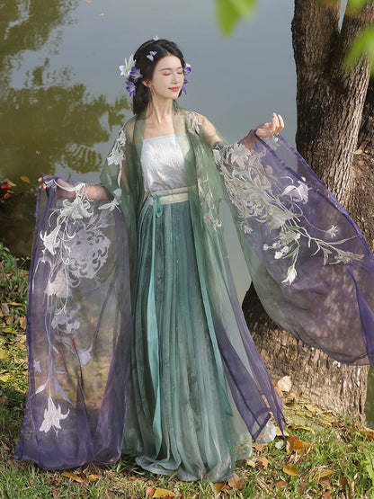 Lily of the Valley | Embroidered Hanfu Set with Wide Sleeve Cardigan and Qiyao Ruqun