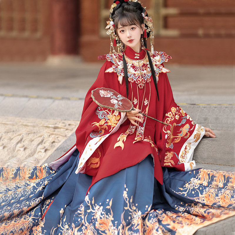 Ming Dynasty Koi Embroidered Flower Wedding Hanfu with Printed Mamianqun | Koi 锦鲤
