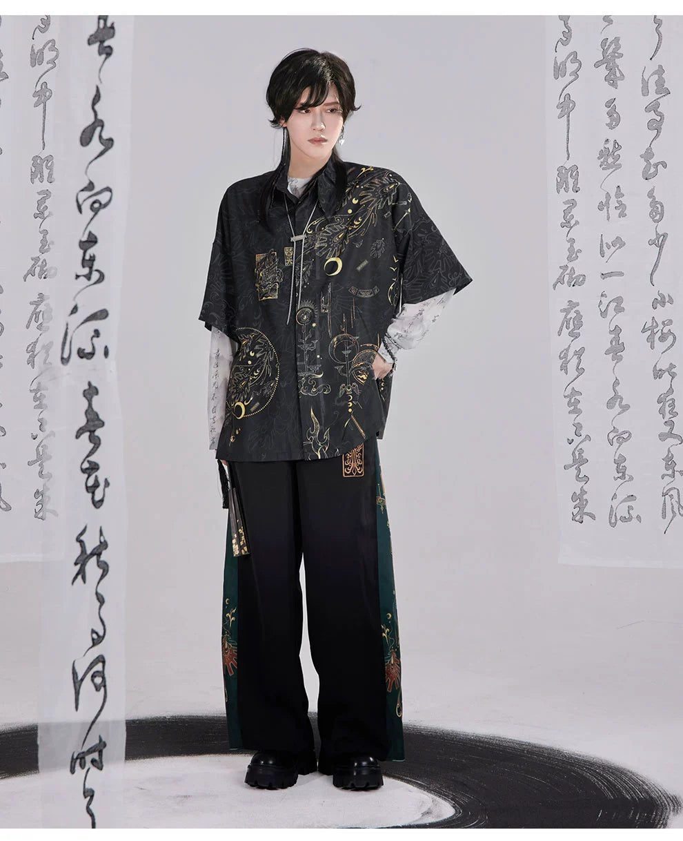 Bronze 青铜 - New Chinese Style Printed Shirt Wide Leg Pants Outfit
