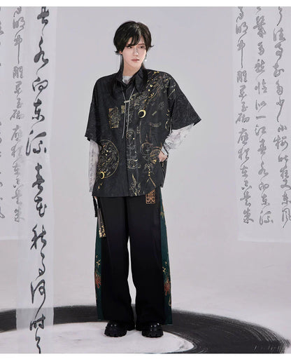Bronze 青铜 - New Chinese Style Printed Shirt Wide Leg Pants Outfit