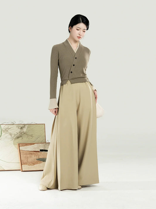 New Chinese Style Women Knitted Top with Palazzo Pants Set - Chunming 椿茗 (Preorder)