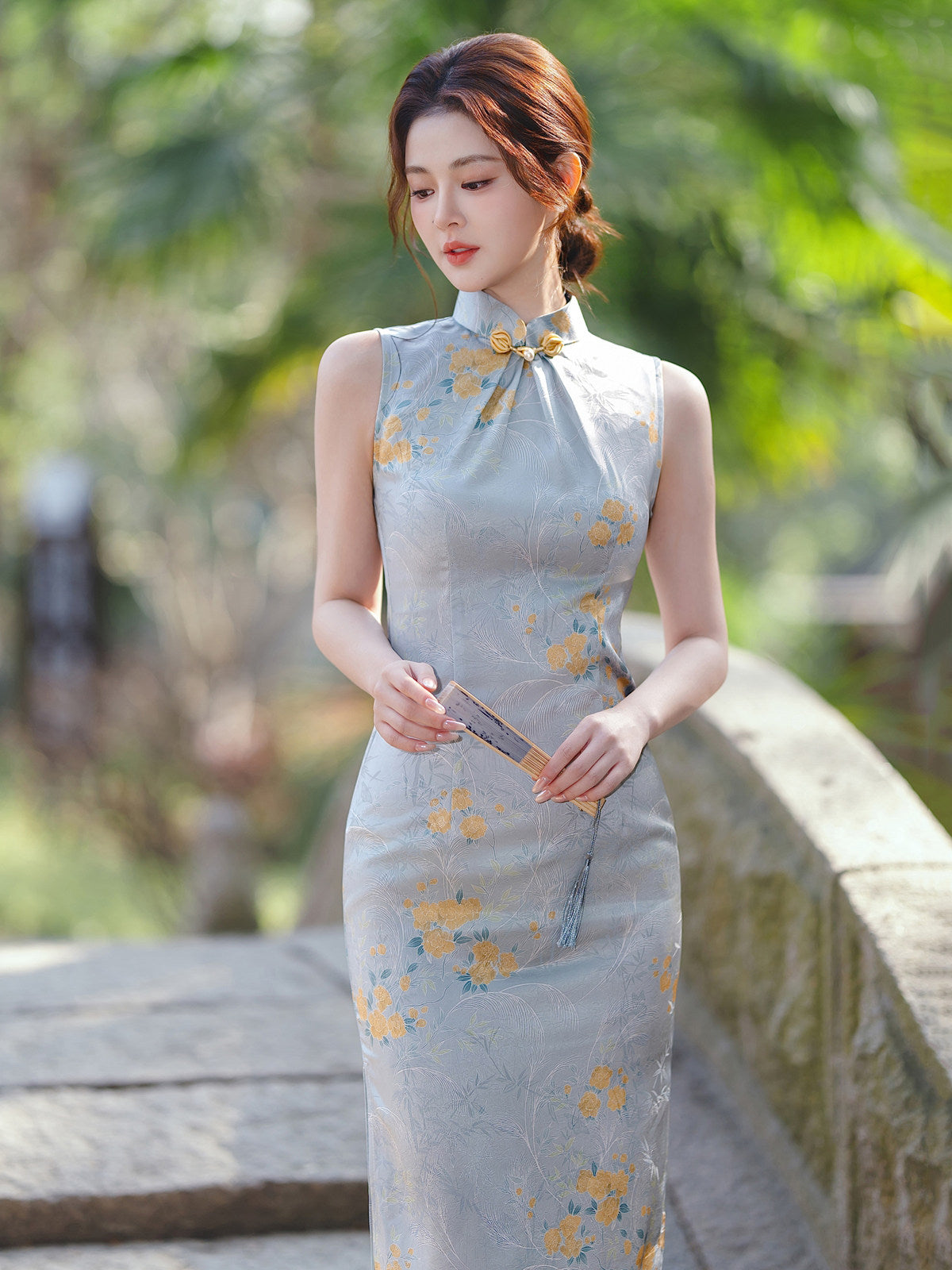 Sleeveless Floral Long Cheongsam | Skies