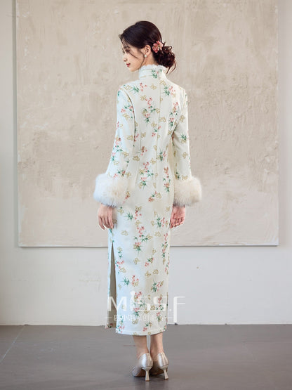 Long Sleeve Fur Trim Midi Qipao | Butterfly Bamboo
