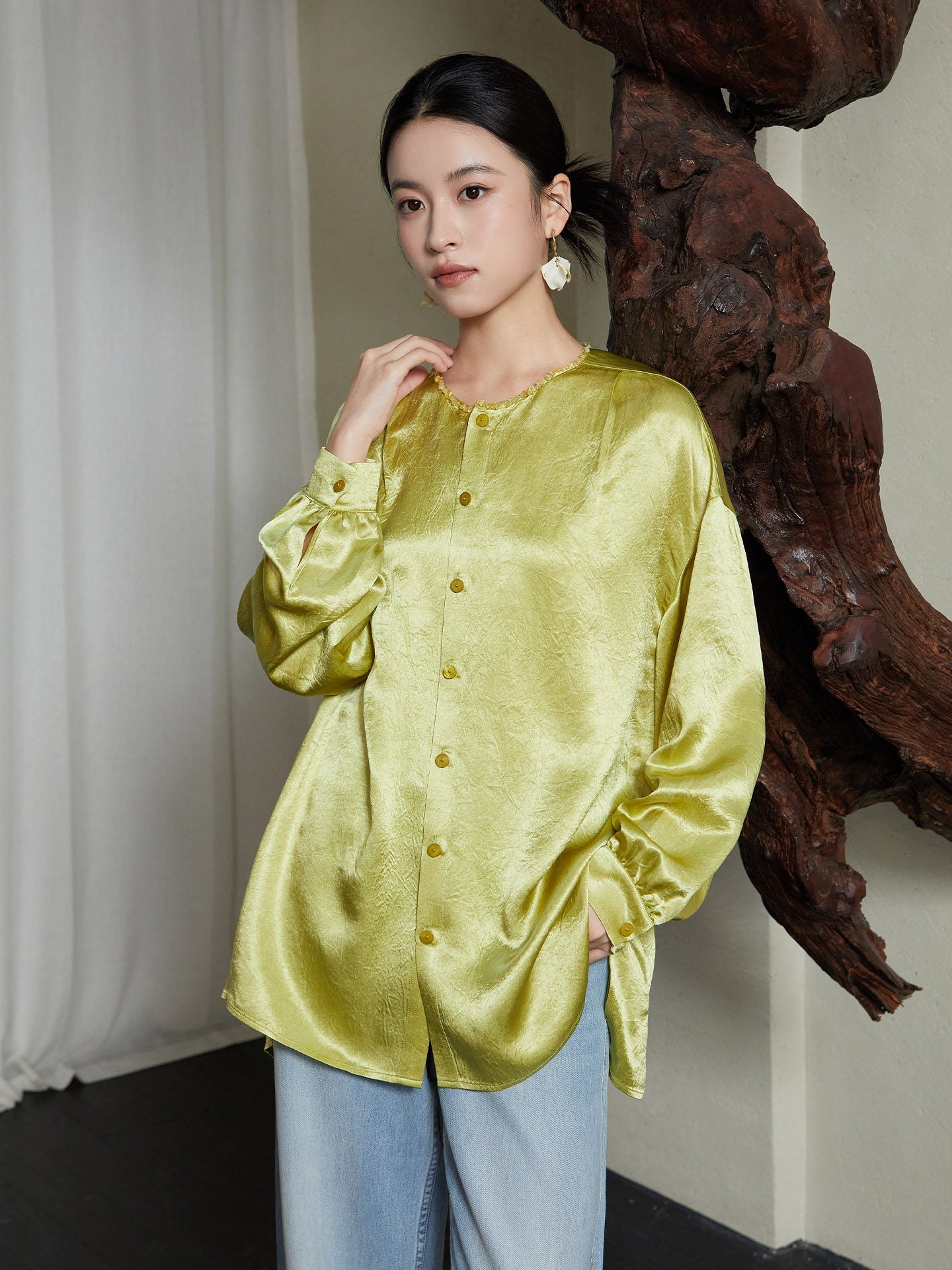 New Chinese Style Crew Neck Drape Shirt - Qinmo 琴默