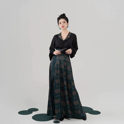 Tang Dynasty Modern Hanfu Set with Flowing Nine-Panel Skirt - Cuiying 翠映 (Preorder)