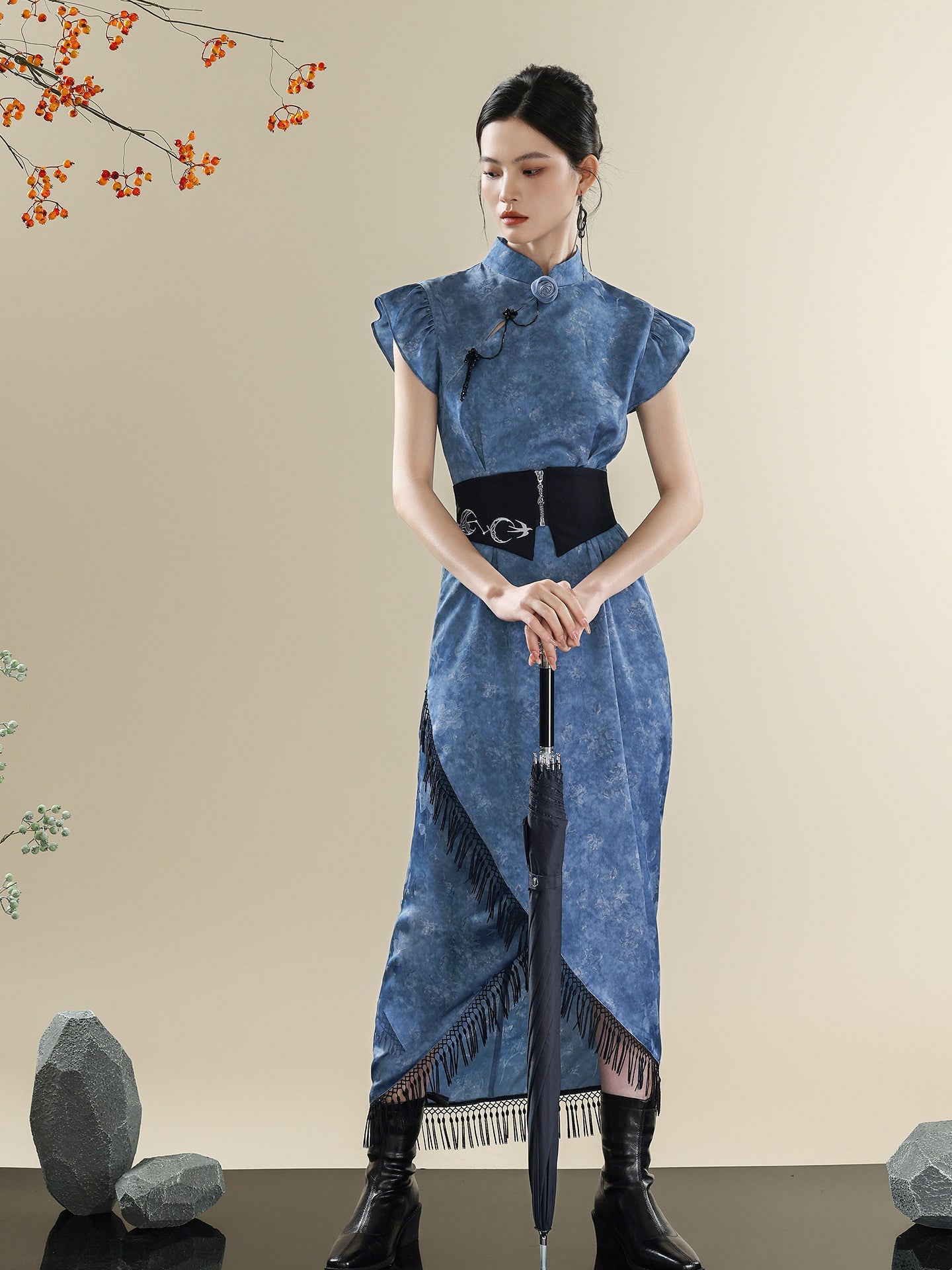 Blue Tie-Dye Modern Qipao Dress | Mandarin Collar Tassel Cheongsam