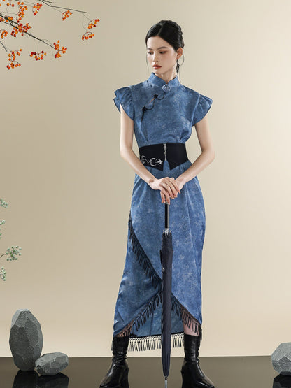 Blue Tie-Dye Modern Qipao Dress | Mandarin Collar Tassel Cheongsam
