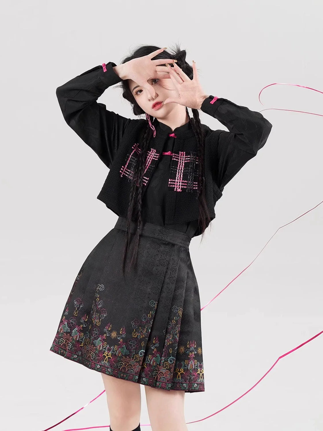 Chinese Blouse & Mini Mamian Skirt Outfit | Neon 霓虹