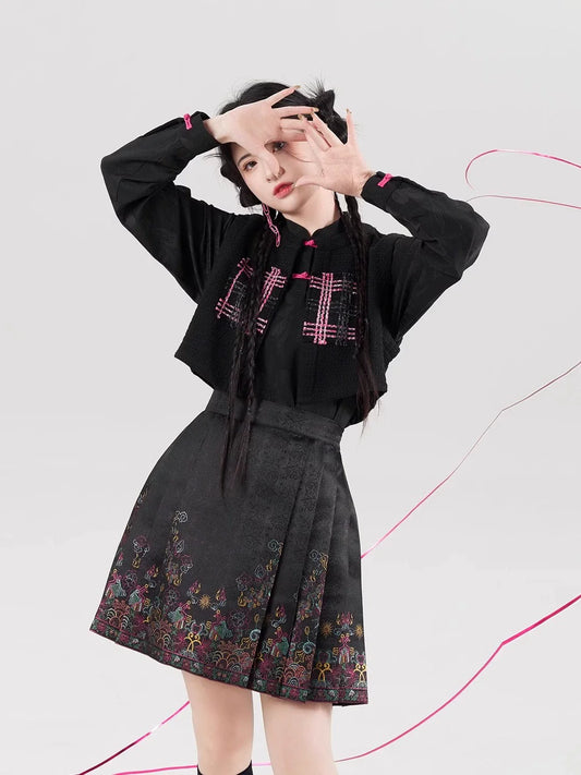 Neon Chinese Blouse & Mini Mamian Skirt Outfit - modern Ming-inspired hanfu, detail view