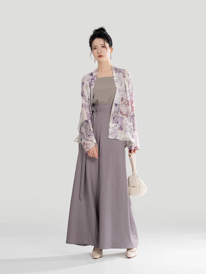 Song Dynasty Modern Hanfu Set with Winged Sleeve Top and Wide Leg Pants - Ziyun 紫芸 (Preorder)