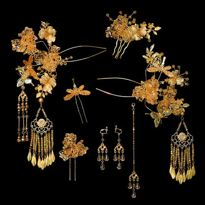 Champagne - Bridal Hair Accessories Elegant Chinese Wedding Headpiece with Tassels and Forehead Pendant for Xiuhe and Hanfu