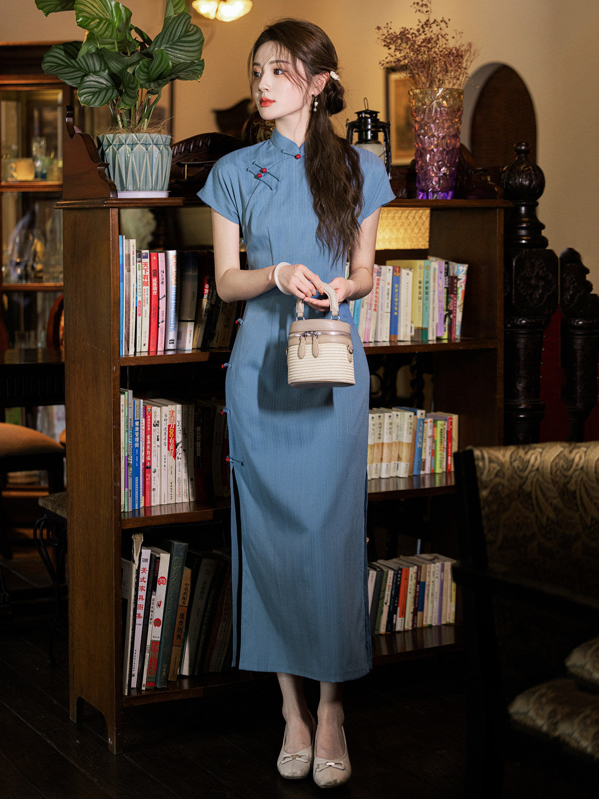 Short Sleeve Long Cheongsam | Peacock Blue