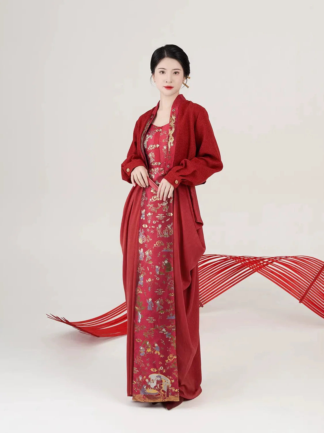 New Chinese Style Wedding Hanfu Bridal Tea Ceremony Slip Dress - Baixi 百禧 (Preorder)