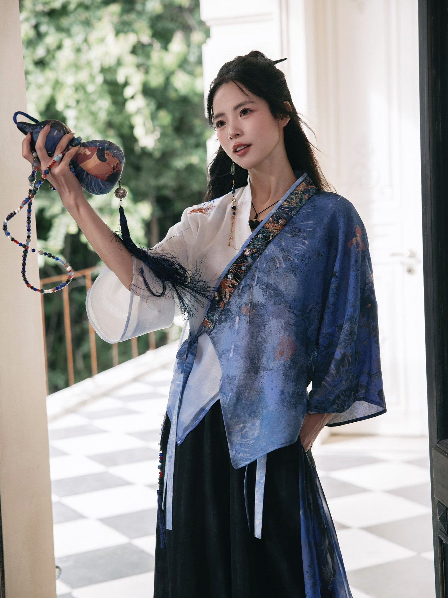New Chinese Style Cross Collar Cardigan and Wide Leg Pants - Fish and Dragon Dance 鱼龙舞