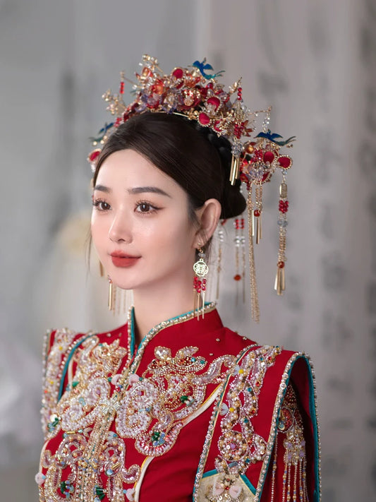 Twilight Azure - Red and Blue Phoenix Crown Bridal Headpiece Handmade Tassel Chinese Wedding Hair Accessories for Hanfu Bride