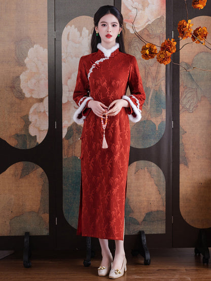 Chinese Wedding Engagement & Tea Ceremony Long Sleeve Cheongsam | Qiluo