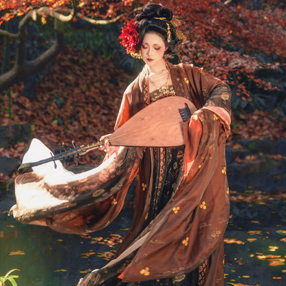 Pipa Lady | Late Tang Dynasty Qixiong Ruqun Hanfu Set with Grand Sleeve Robe