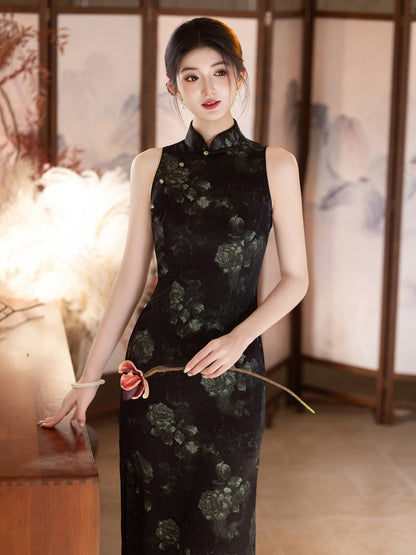 Sleeveless Floral Midi Cheongsam | Night Flowers