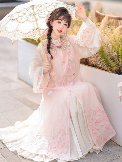Ming Dynasty Modern Hanfu Floral Vest and Beige Robe - Moon on Lotus 荷上月