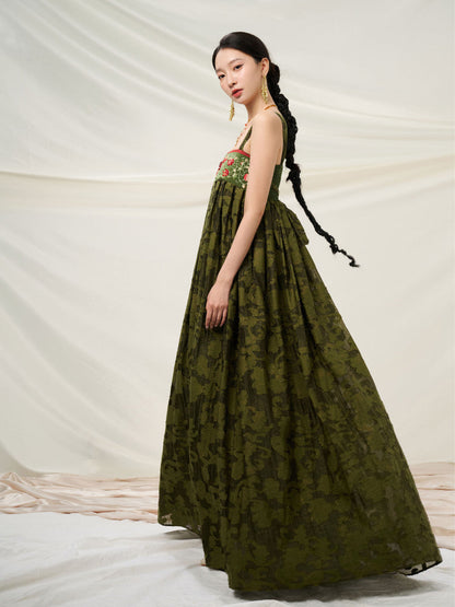 New Chinese Style Embroidered Summer Flower Dress - Forest Glow 挂绿